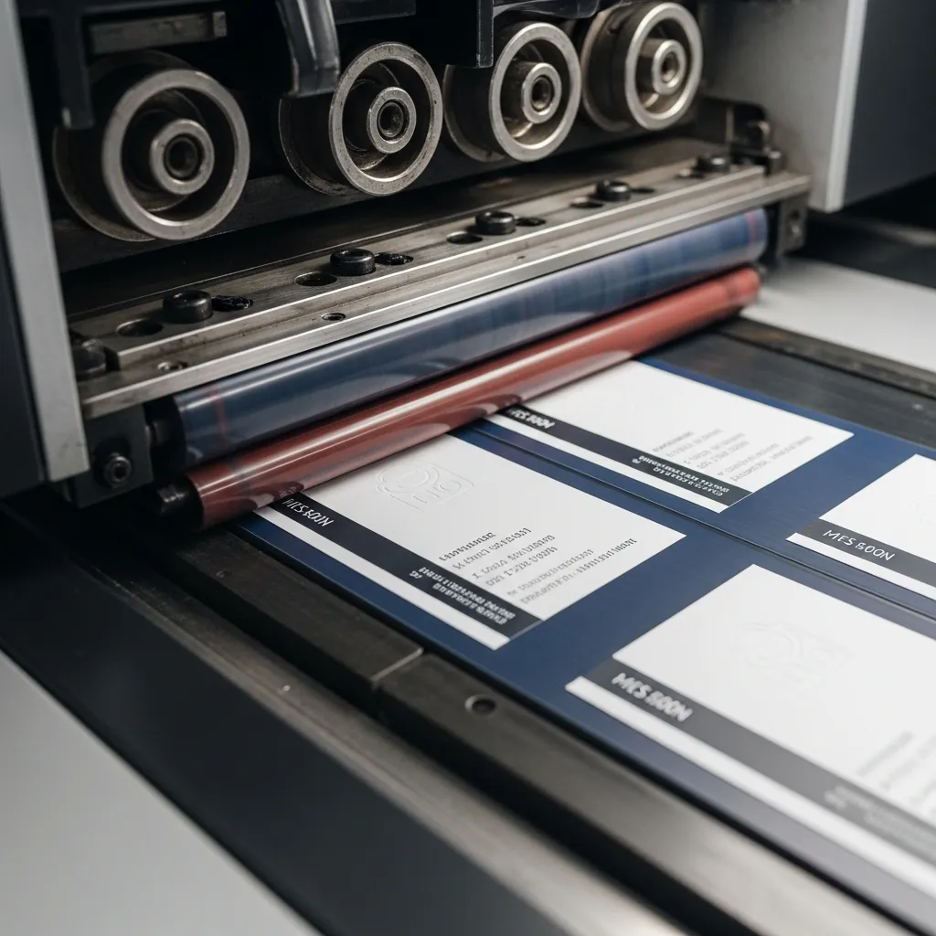 Lähikuva painokoneesta painamassa korkealaatuisia käyntikortteja