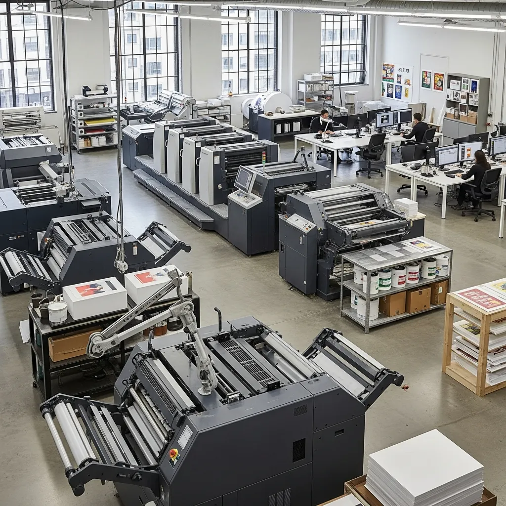 vefvit studion sisätilat, joissa näkyy modernit painokoneet ja työskentelytilat