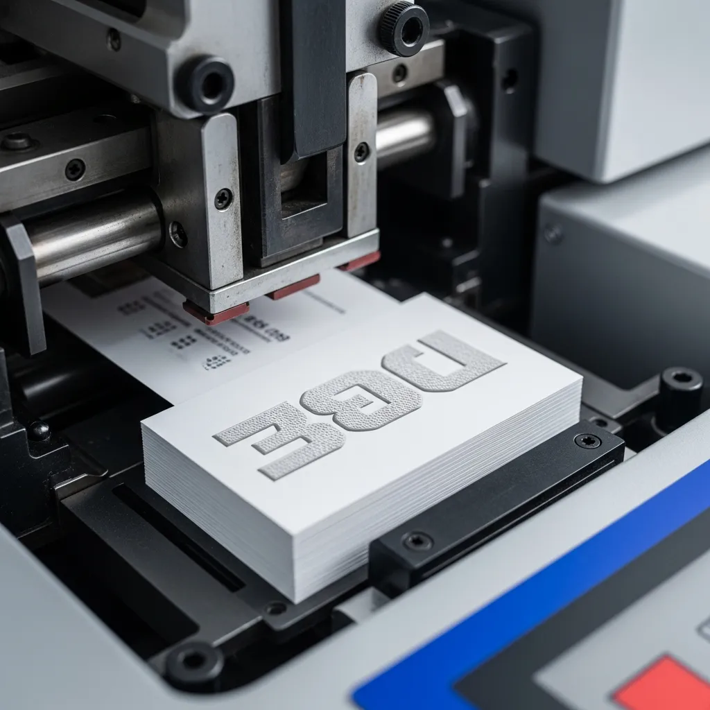Lähikuva modernista painokoneesta työstämässä käyntikortteja, joissa näkyy 3D-tekstuuria